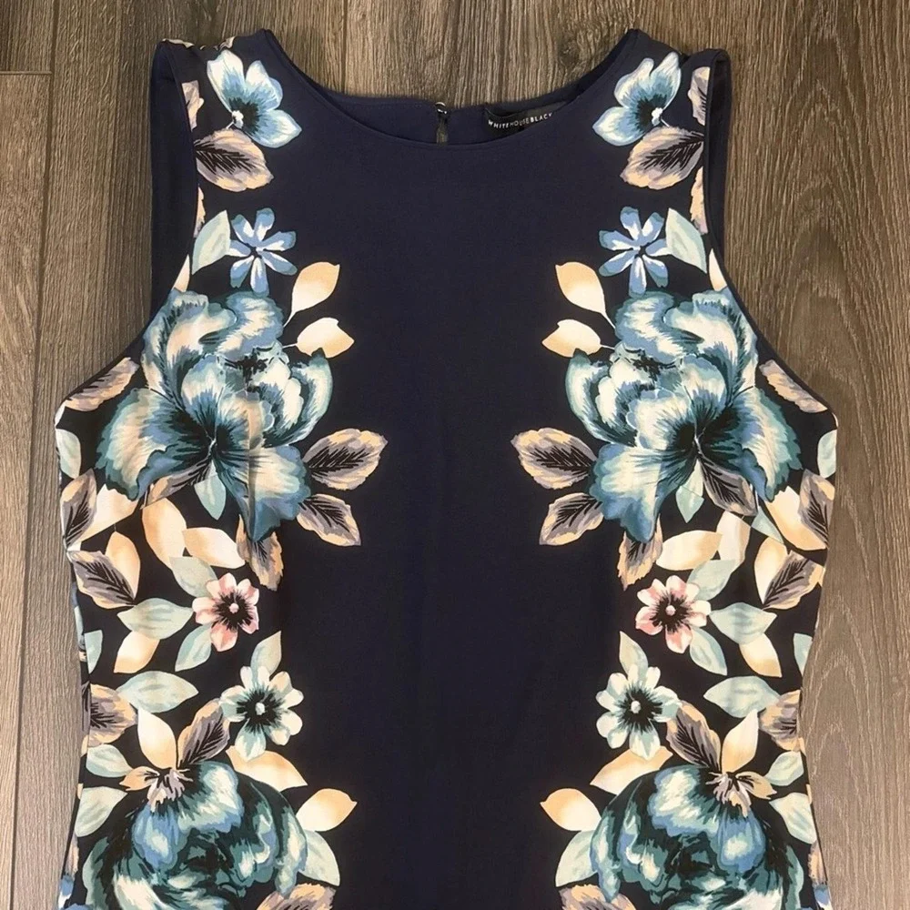 White‎ House Black Market Floral Sheath Dress Navy Blue LP Petite Wedding Guest - Picture 5 of 16
